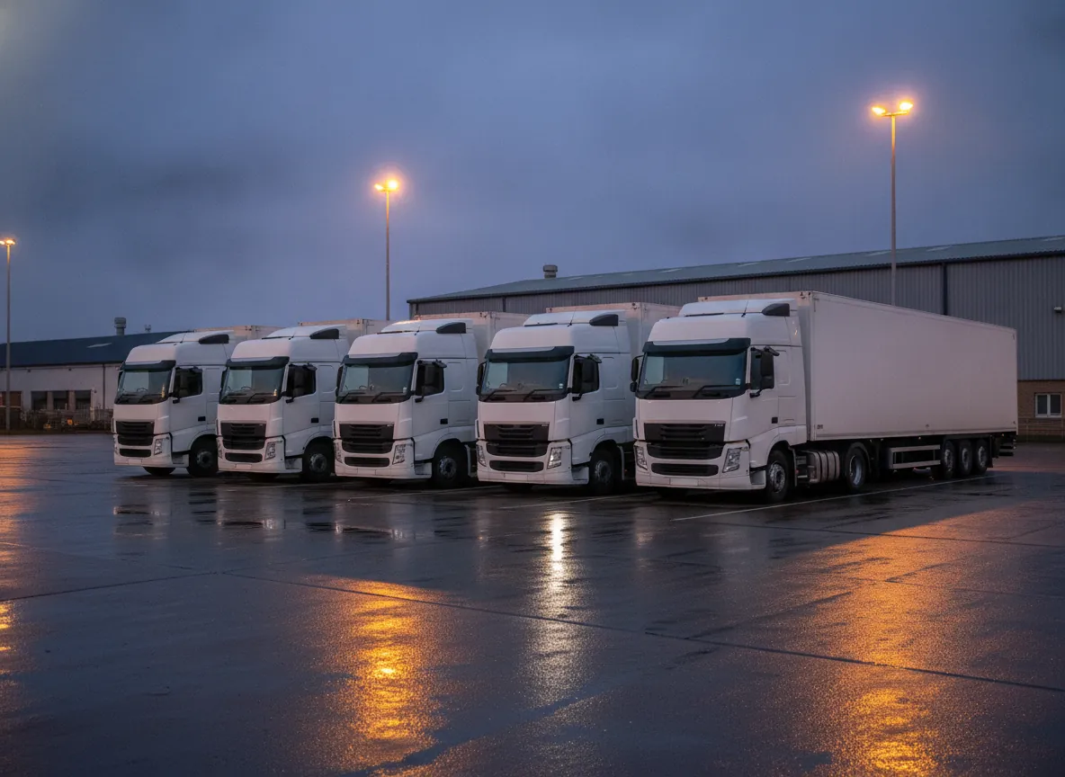 Line of white lorries at the depot