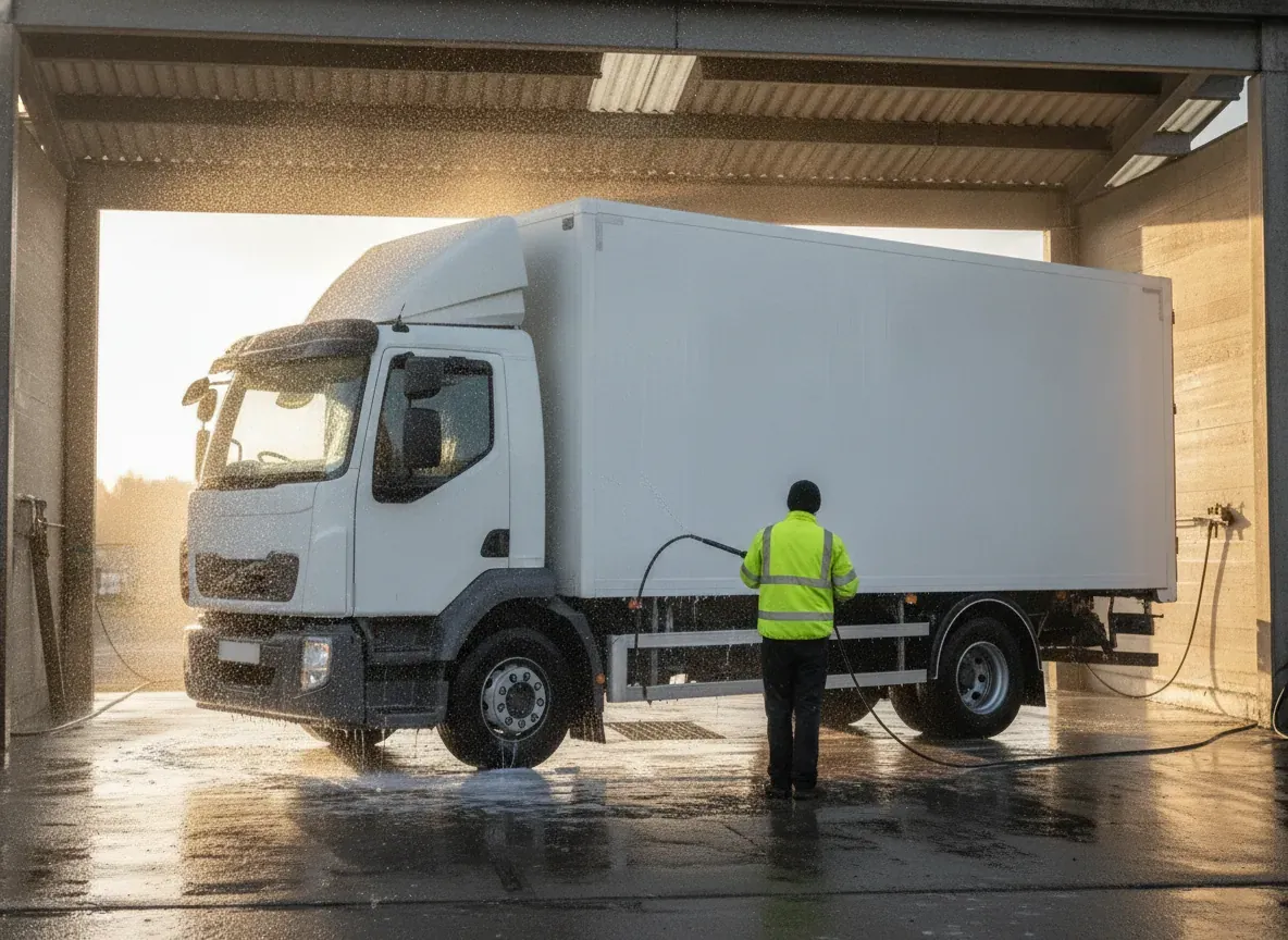 Lorry being washed in the depot wash bay