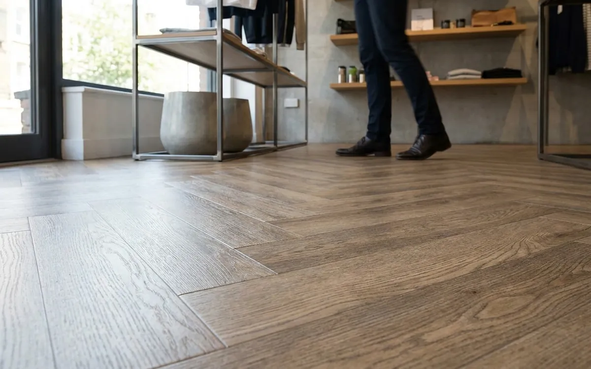 Wood-effect luxury vinyl tile in a shop