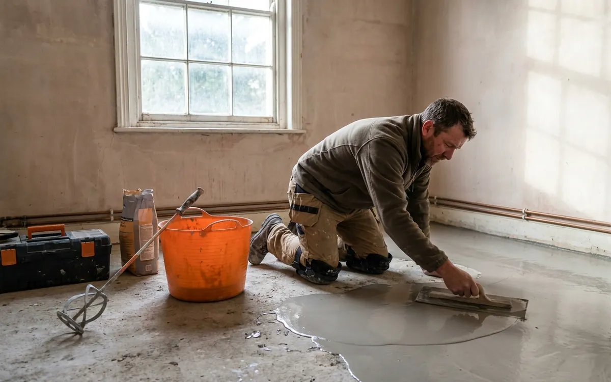 A fitter levelling a subfloor