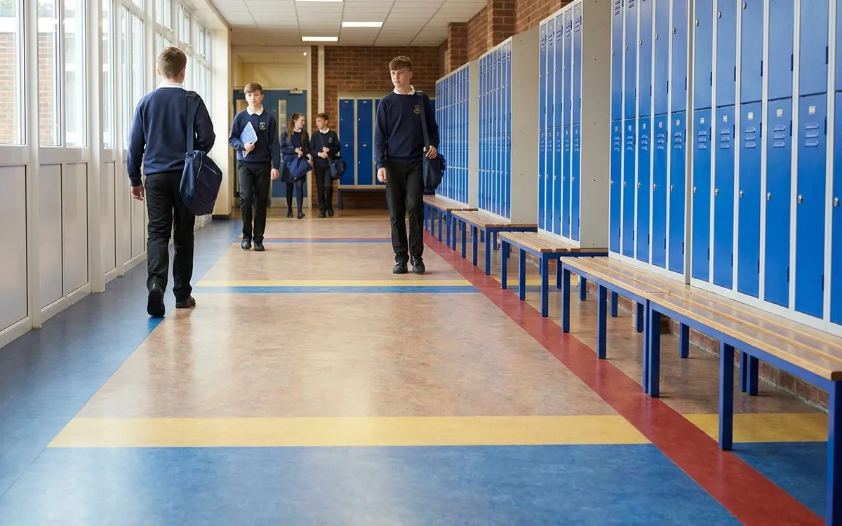 Sheet vinyl flooring in a school corridor