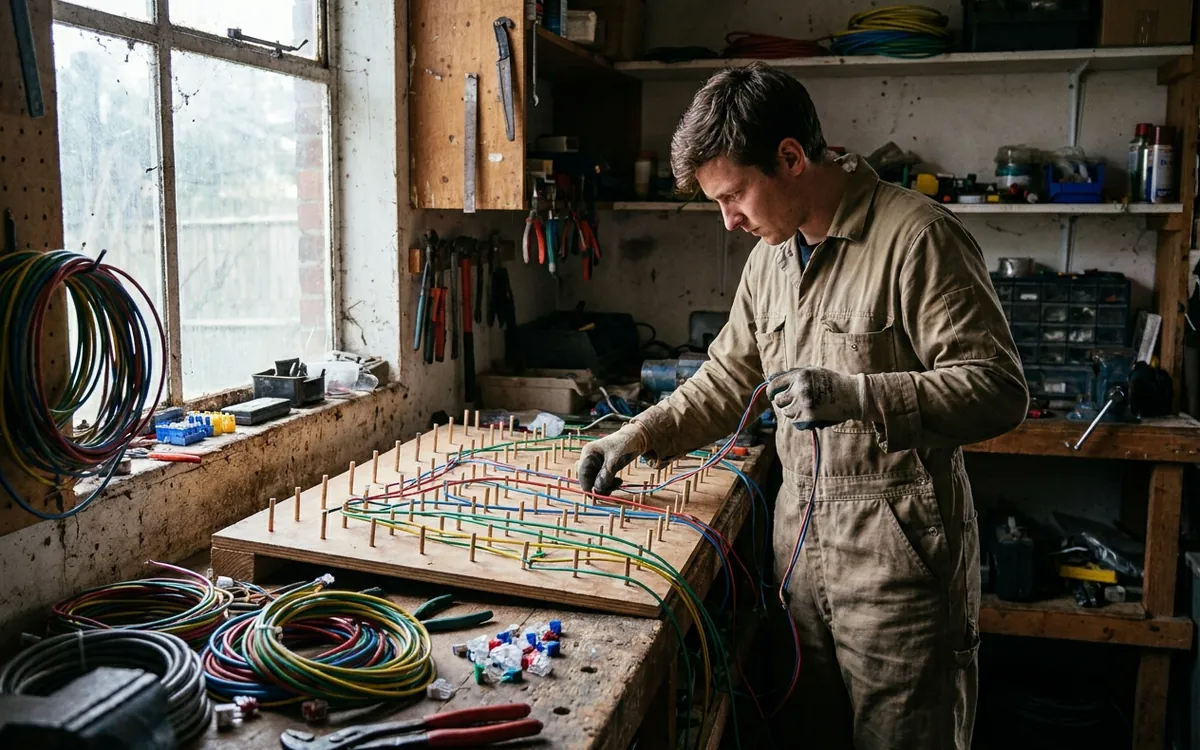 A technician building a wire harness
