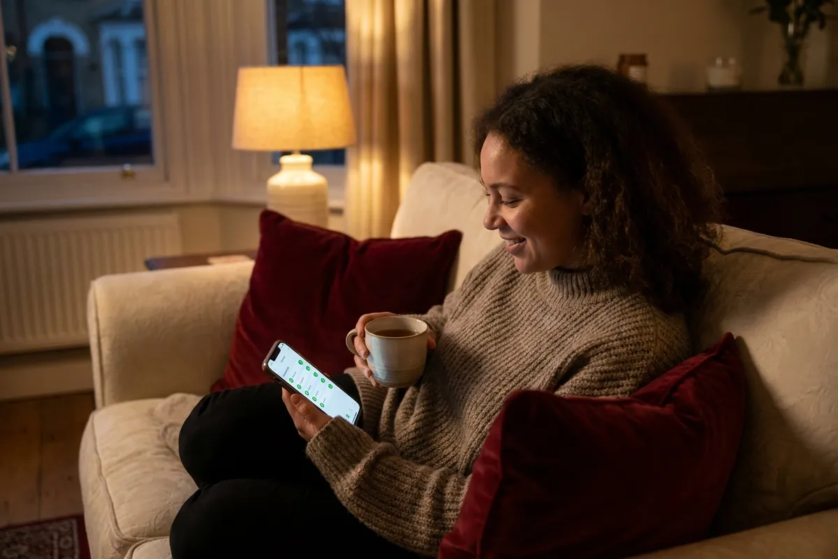 A business owner relaxing at home with every job ticked off on her phone