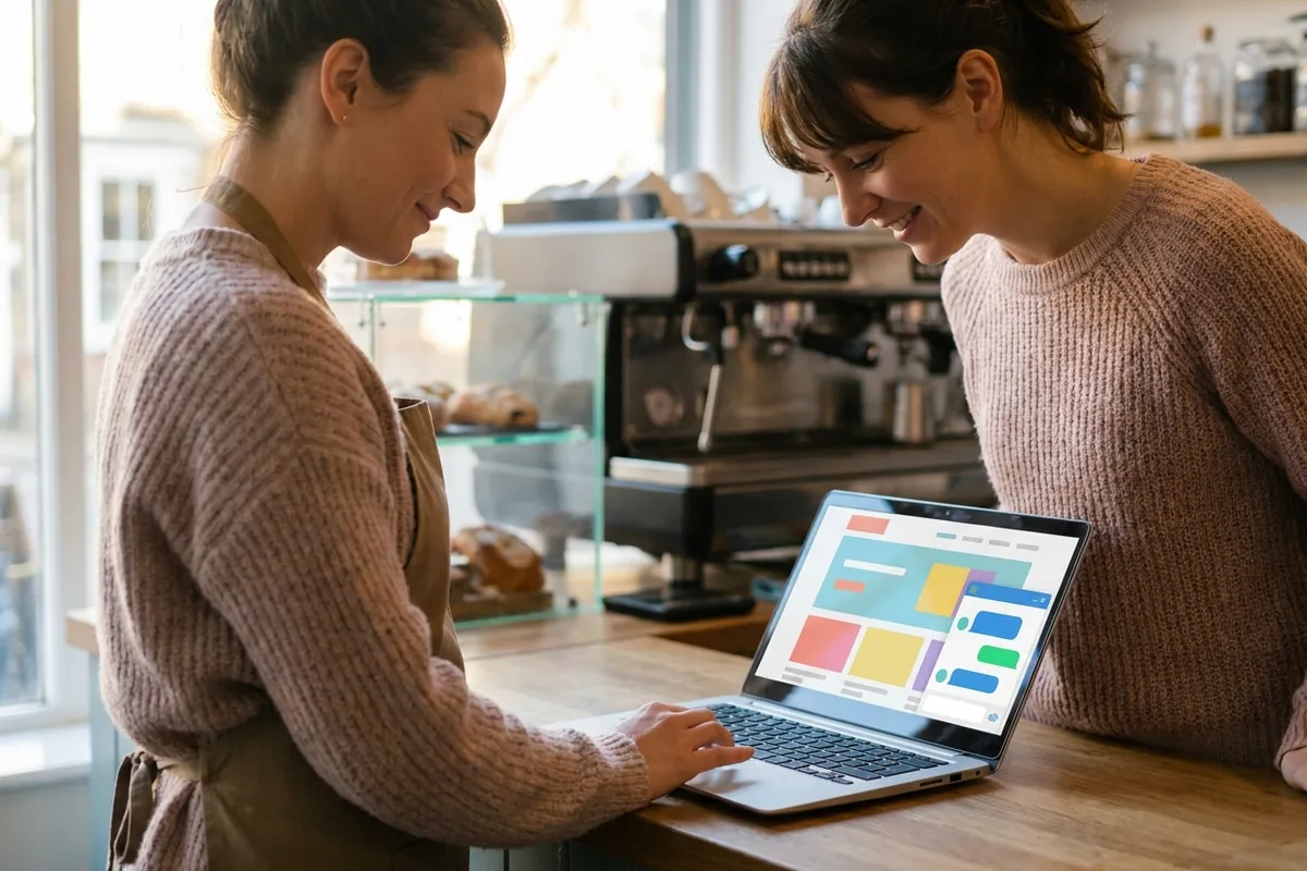 A cafe owner reading a customer chat on her own website