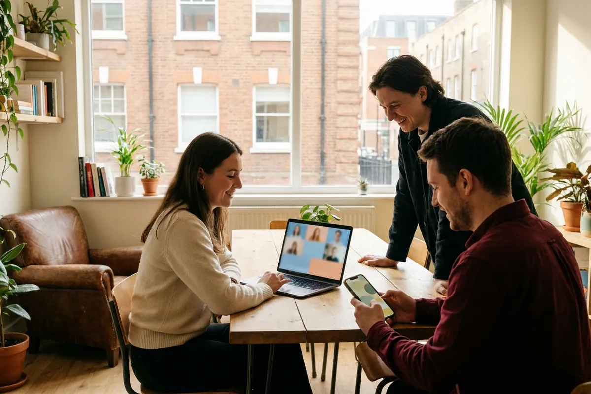 A small office team working together on laptops and phones