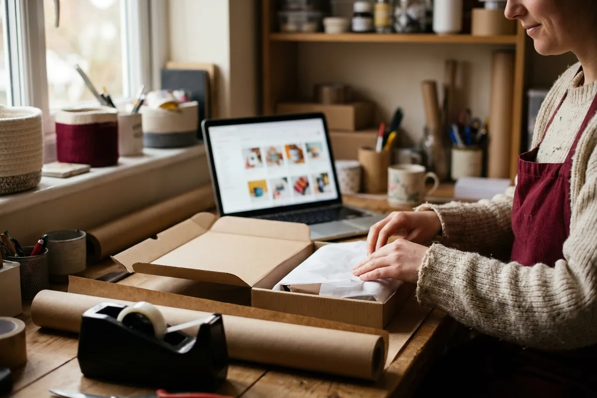 Packing an online order with the shop open on a laptop