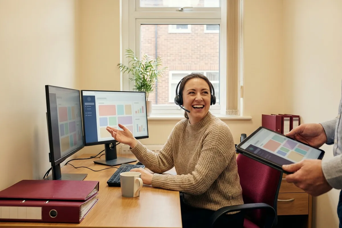 A friendly support person helping a customer online