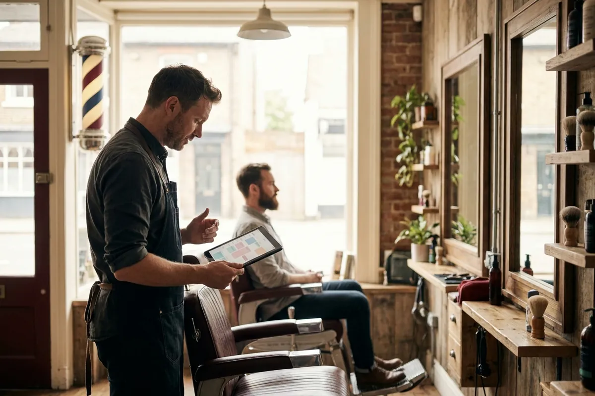 A barber checking the booking diary on a tablet