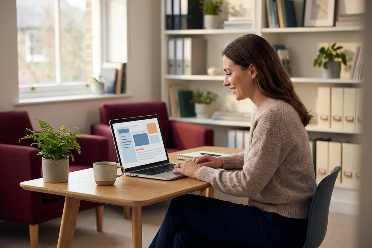 A professional with client files and reminders on her laptop