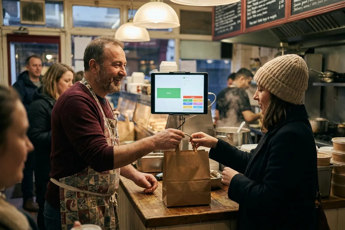 A takeaway owner handing over an order taken online
