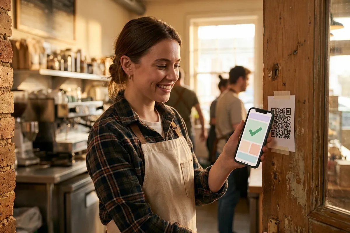 A cafe worker clocking in by scanning a QR code with her phone