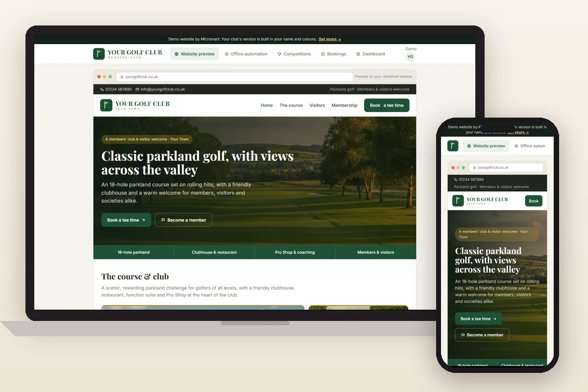 Our golf club demo on a laptop and a phone