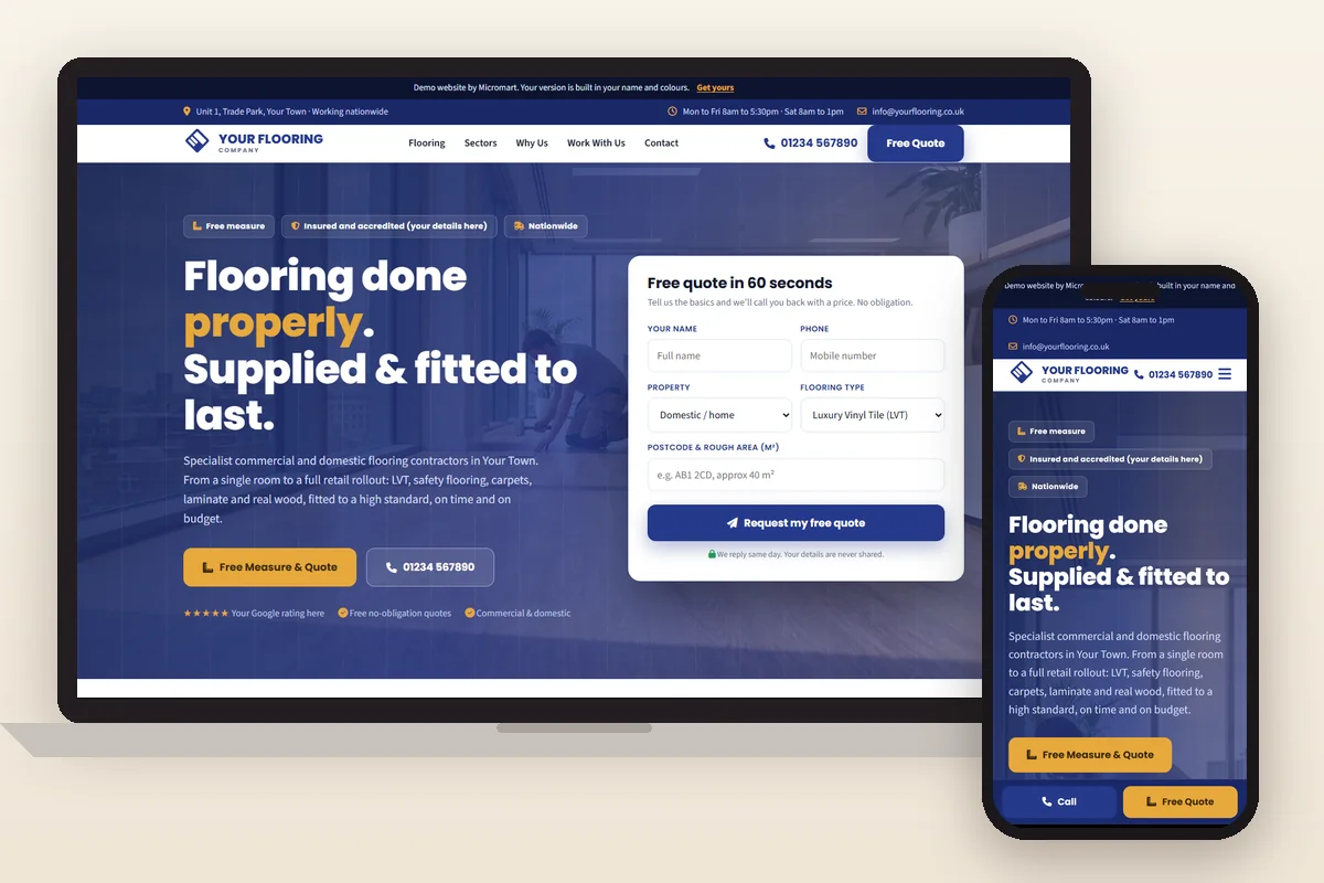 Our flooring firm website demo on a laptop and a phone