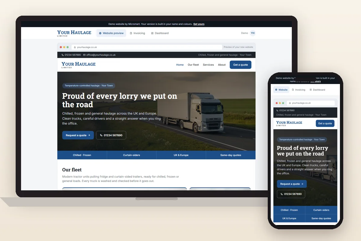 Our haulage firm demo on a laptop and a phone