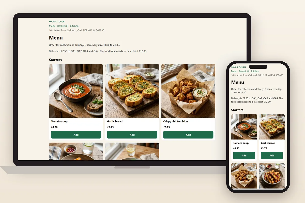 Our takeaway ordering demo on a laptop and a phone