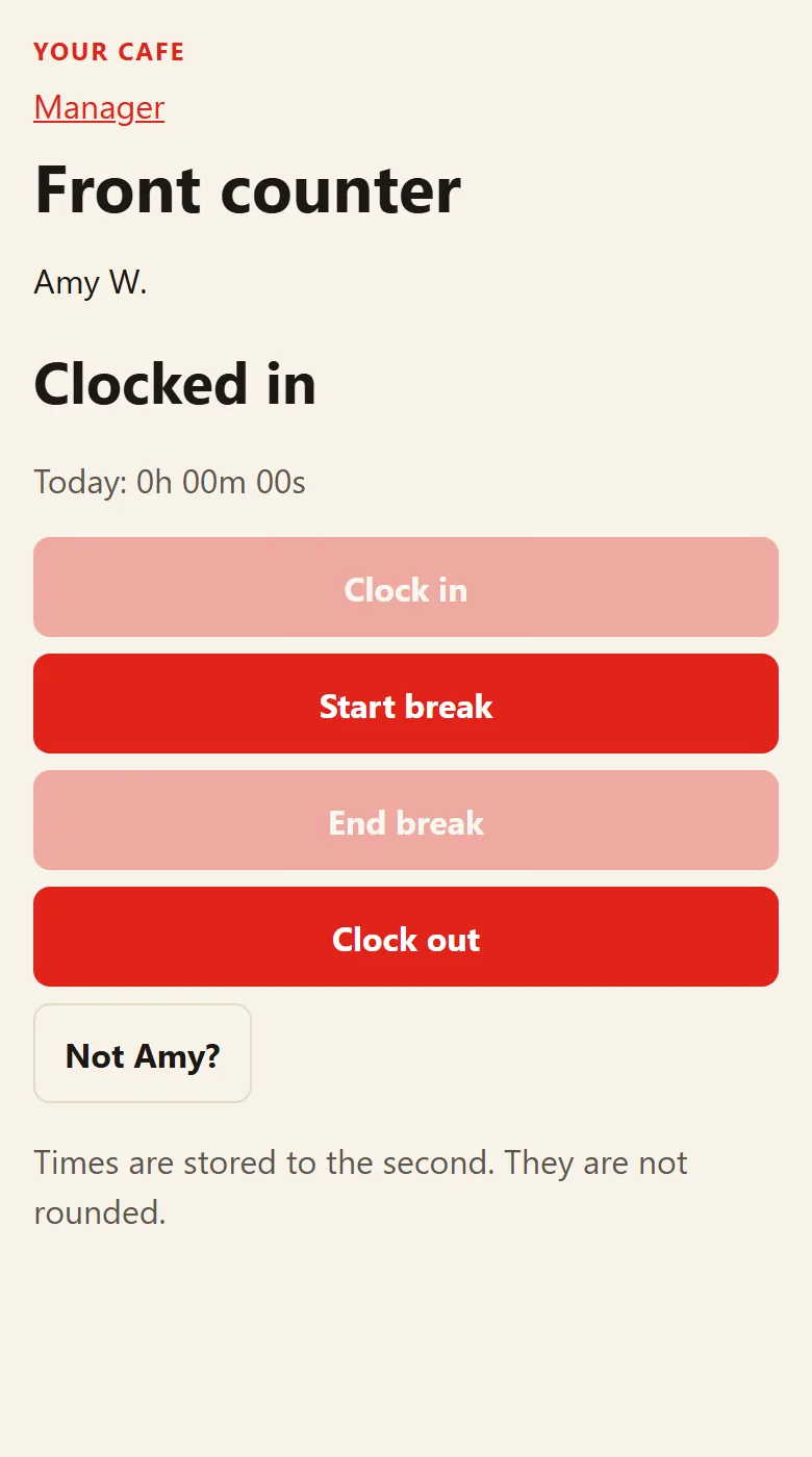 The real clock-in screen on a phone: Amy is clocked in, with buttons to start a break or clock out