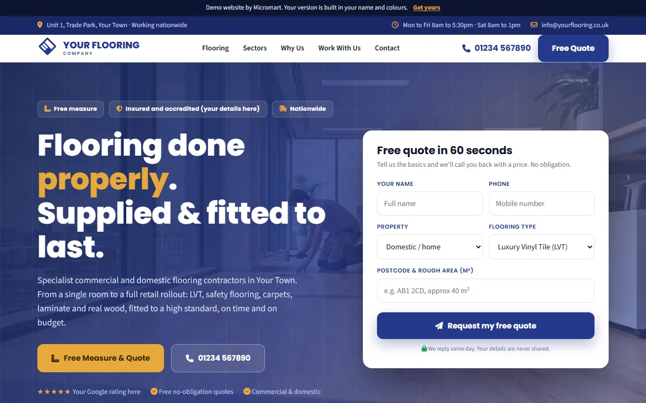 The flooring contractor website demo with its quote form