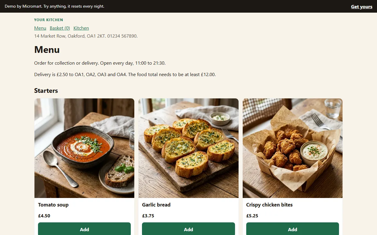 The takeaway ordering demo: a menu with pictures, prices and add buttons