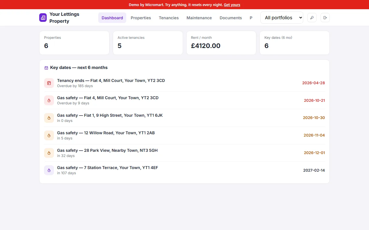 The lettings demo dashboard listing upcoming key dates