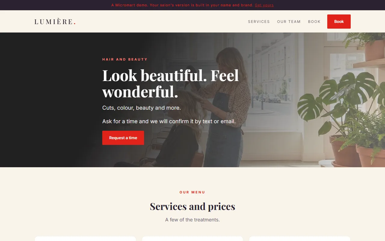 The salon booking demo: services, prices and a request a time button