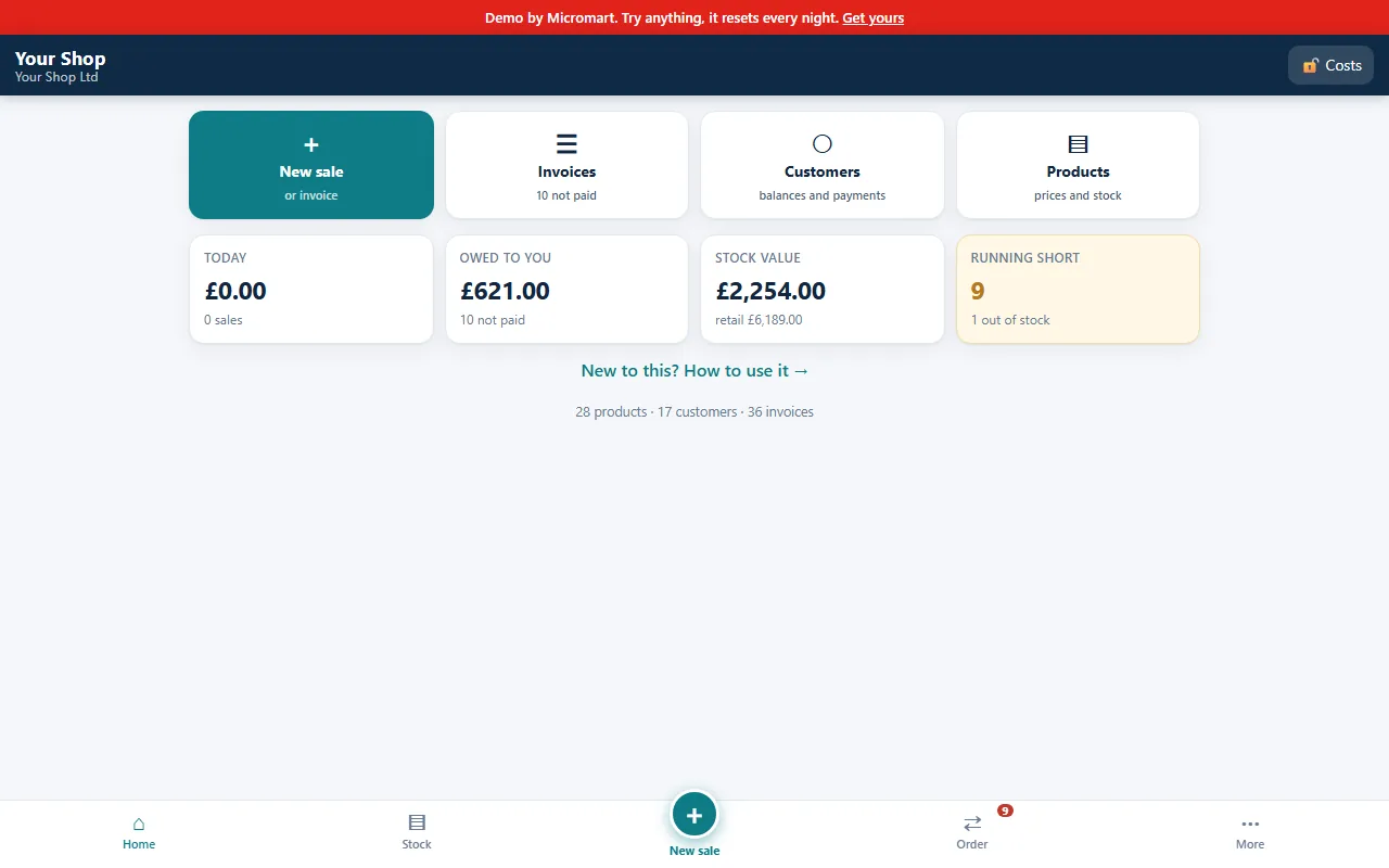 The shop till demo home screen with sales, money owed and stock value