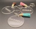 Personalised Keyring Clear Perspex with Key Chain and Coloured Leather Tassle