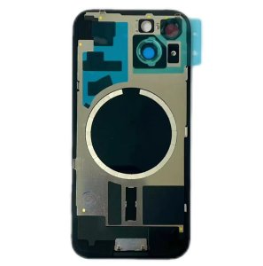 Glass Back For iPhone 15 Black Battery Door Camera Lens Bezel Magnetism Ring + Metal Plate Plain Without Logo