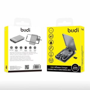 Budi 15W Wireless Charger Multi Functional Box with Phone Cable Adapters Black