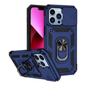 Case For iPhone 14pm 15pm Blue Armoured Ring Holder Stand Camera Shutter