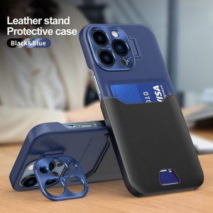 Case For iPhone 14 Pro Max in Black Blue Card Holder Lens Protector Stand