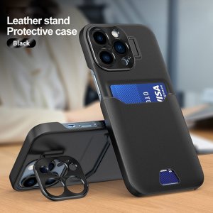 Case For iPhone 14 Plus in Black Card Holder Lens Protector Stand