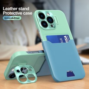 Case For iPhone 14 Pro Max in Green Blue Card Holder Lens Protector Stand