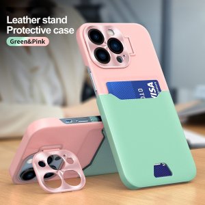 Case For iPhone 14 Pro Max in Green Pink Card Holder Lens Protector Stand