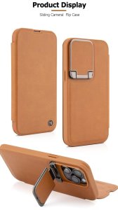 Leather Flip Case with Stand and Camera Protection For iPhone 15 in Tan