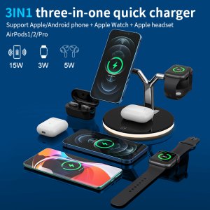 Fast Charger For iPhone Watch Pods 3 in 1 Wireless Magnetic With Night Light