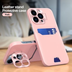 Case For iPhone 14 Pro Max in Pink Card Holder Lens Protector Stand