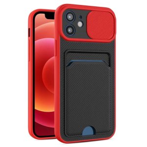 Case For iPhone 12 Pro in Red Ultra thin Case with Card slot Camera shutter