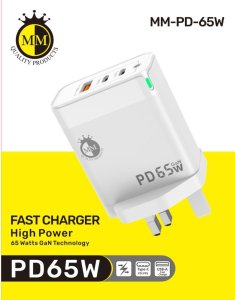 3 Port Plug Charger 65W PD MM with GaN Technology with 2 x Type C and Usb A