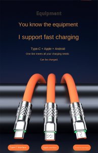 Fast Charging Cable For Mobile Phone 3 in 1 120W Orange Zinc Alloy LED