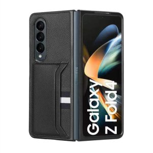 For Samsung Galaxy Z Fold 4 - Black Litchi PU Leather Retro Card Holder Case