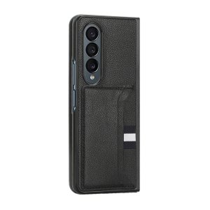 For Samsung Galaxy Z Fold 4 - Black Litchi PU Leather Retro Card Holder Case