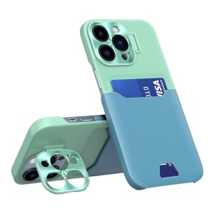 Case For iPhone 14 Plus in Green Blue Card Holder Lens Protector Stand