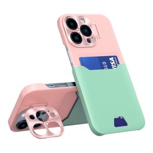 Case For iPhone 14 Plus in Green Pink Card Holder Lens Protector Stand