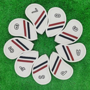 Golf Leather Headcovers Irons Set 9 Pcs Iron Head Covers in White With Stripes