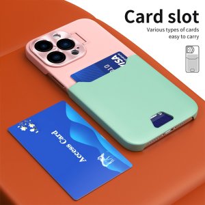 Case For iPhone 14 in Blue Card Holder Lens Protector Stand