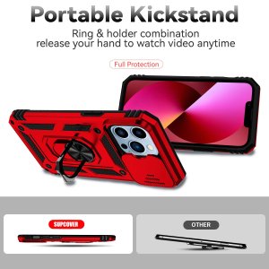 Case For iPhone 14 Plus 15 Plus Red Armoured With Ring Holder Stand Camera