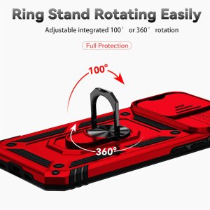 Case For iPhone 14 Pro Max Red Armoured Ring Holder Stand Camera Shutter